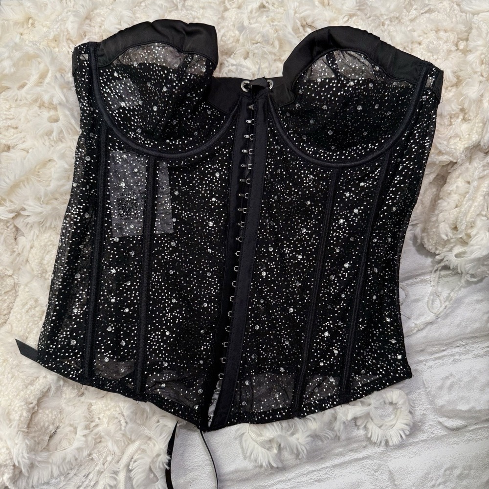 Sheer Bustier Corset Top L Lace Up Rhinestone Shimmery Lingerie Boned Push Up